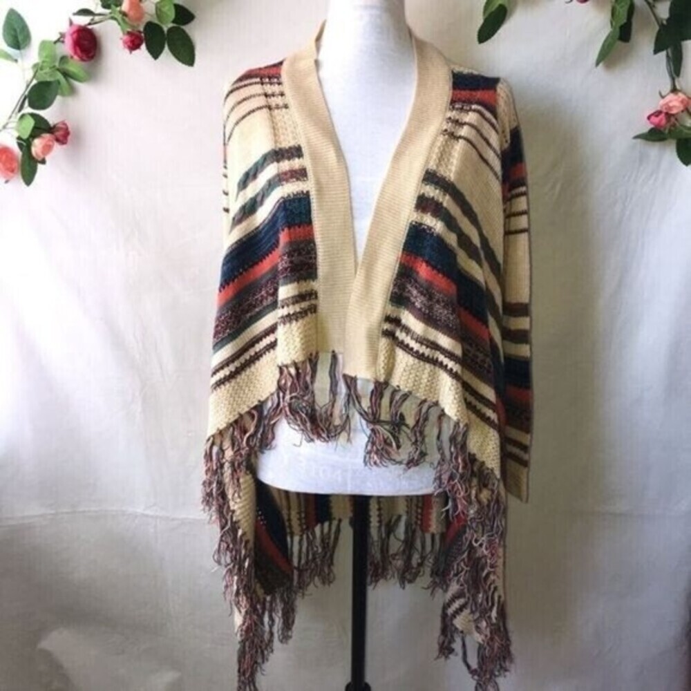 FULL Tilt Fringe Boho Strip Knit Open Front Cardigan Sweater S
